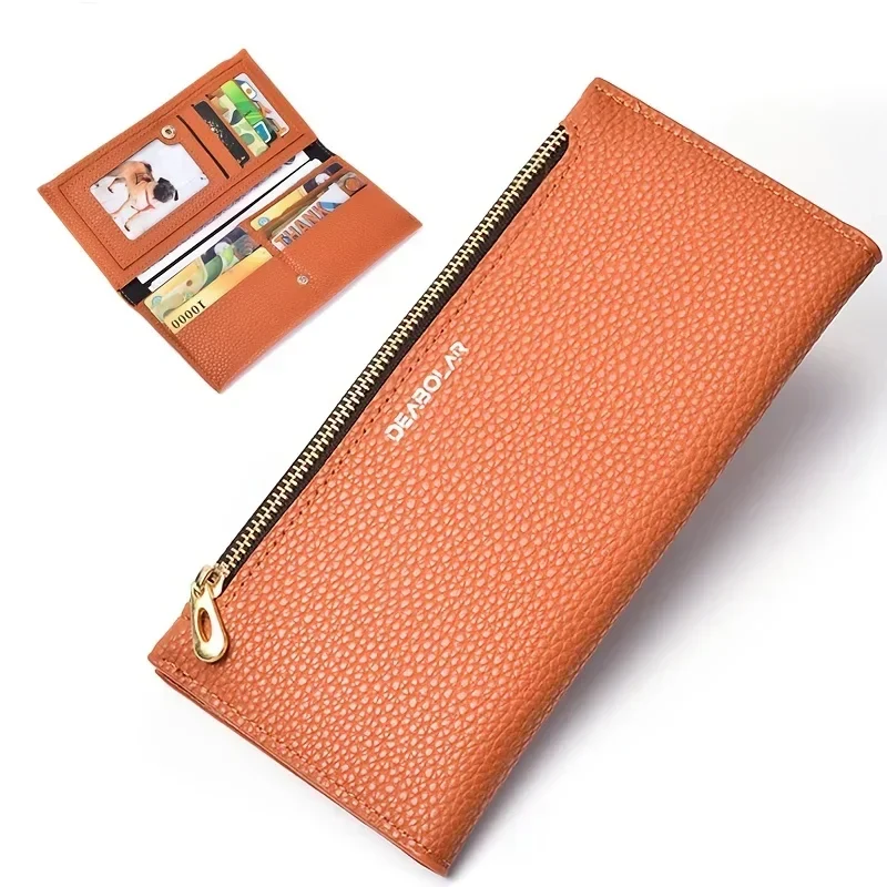 Cartera de cuero con ranura para múltiples tarjetas para mujer, bolso de tarjeta, cartera larga con guijarros, Color sólido, hebilla Simple, delgada