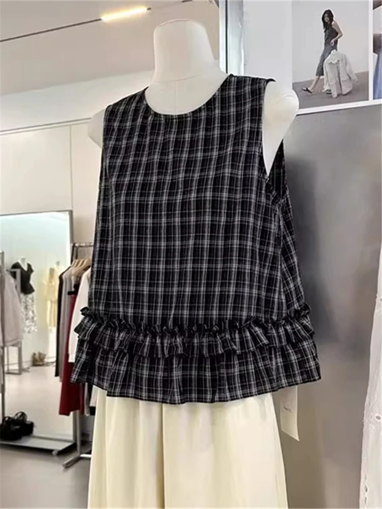 

plus Size Korean Style Plaid Sleeveless Vest Women Summer Loose Elegant Shirt Design Casual Commute Wind Polyester Fiber