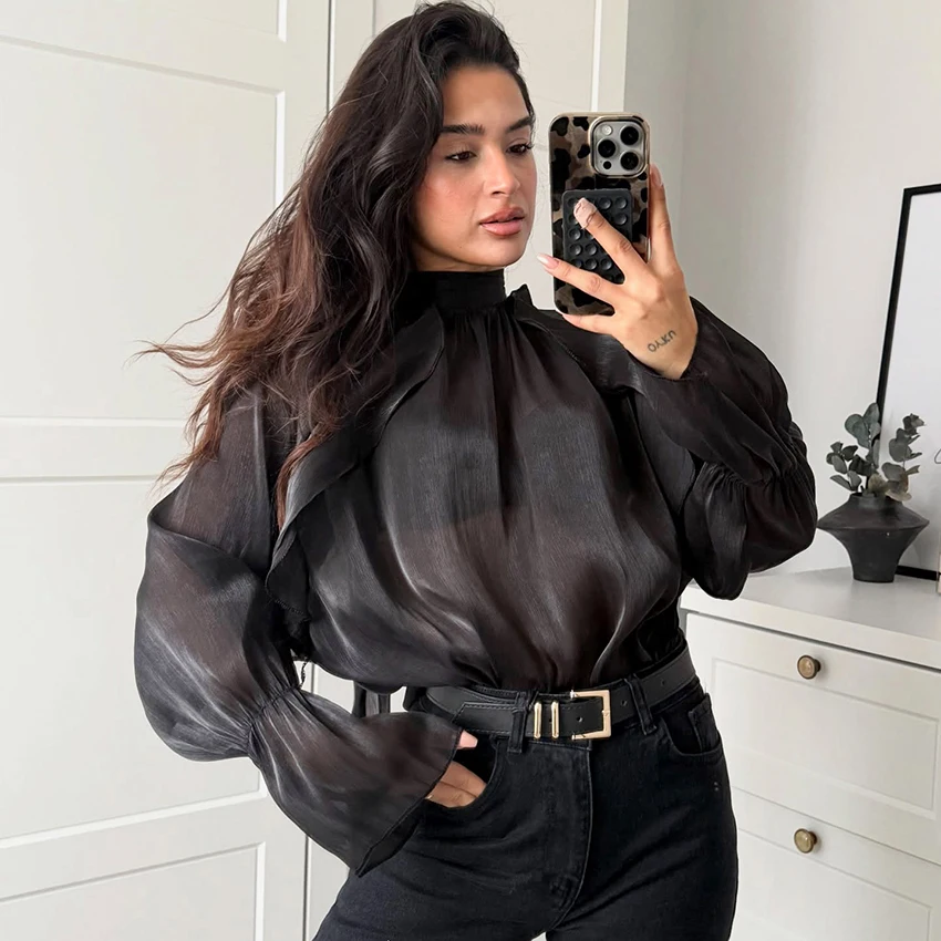 Linad Elegante Mesh Coltrui Shirts Vrouwelijke Street Chic Wijnrood Sheer Flare Mouw Blouse Vrouwen 2026 Lente Casual Losse Tops