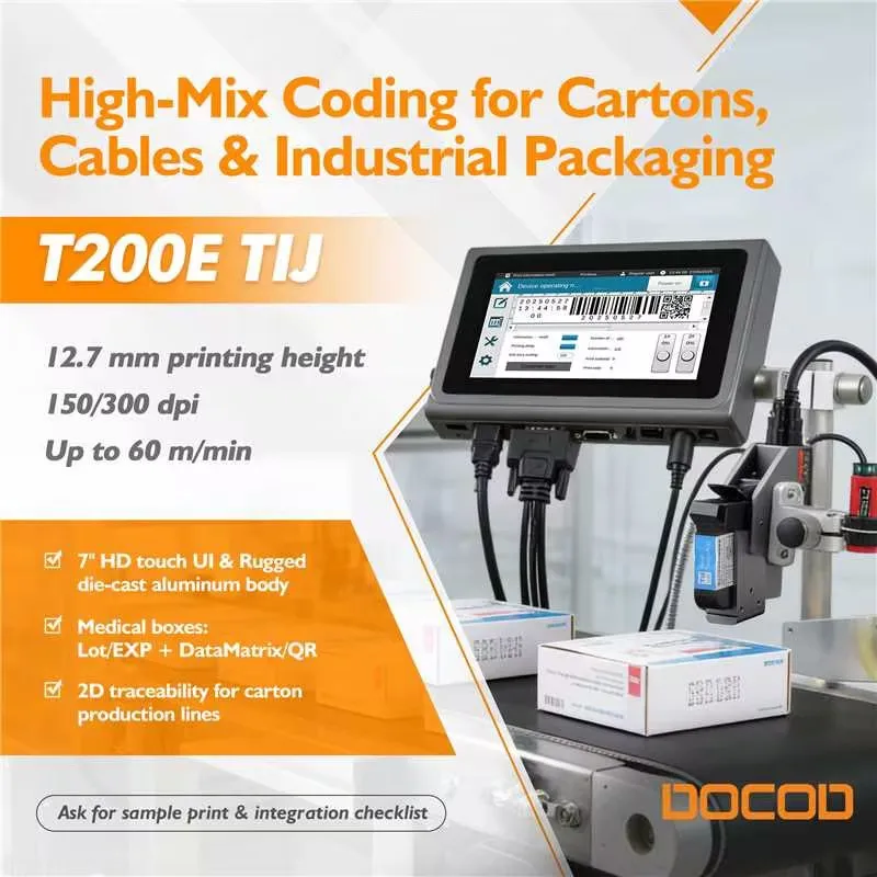 Great Deals DOCOD T200E Half-Inch Dual-Head Thermal Inkjet Printer Industrial TIJ Date Batch Coding Machine for Bottles Cans