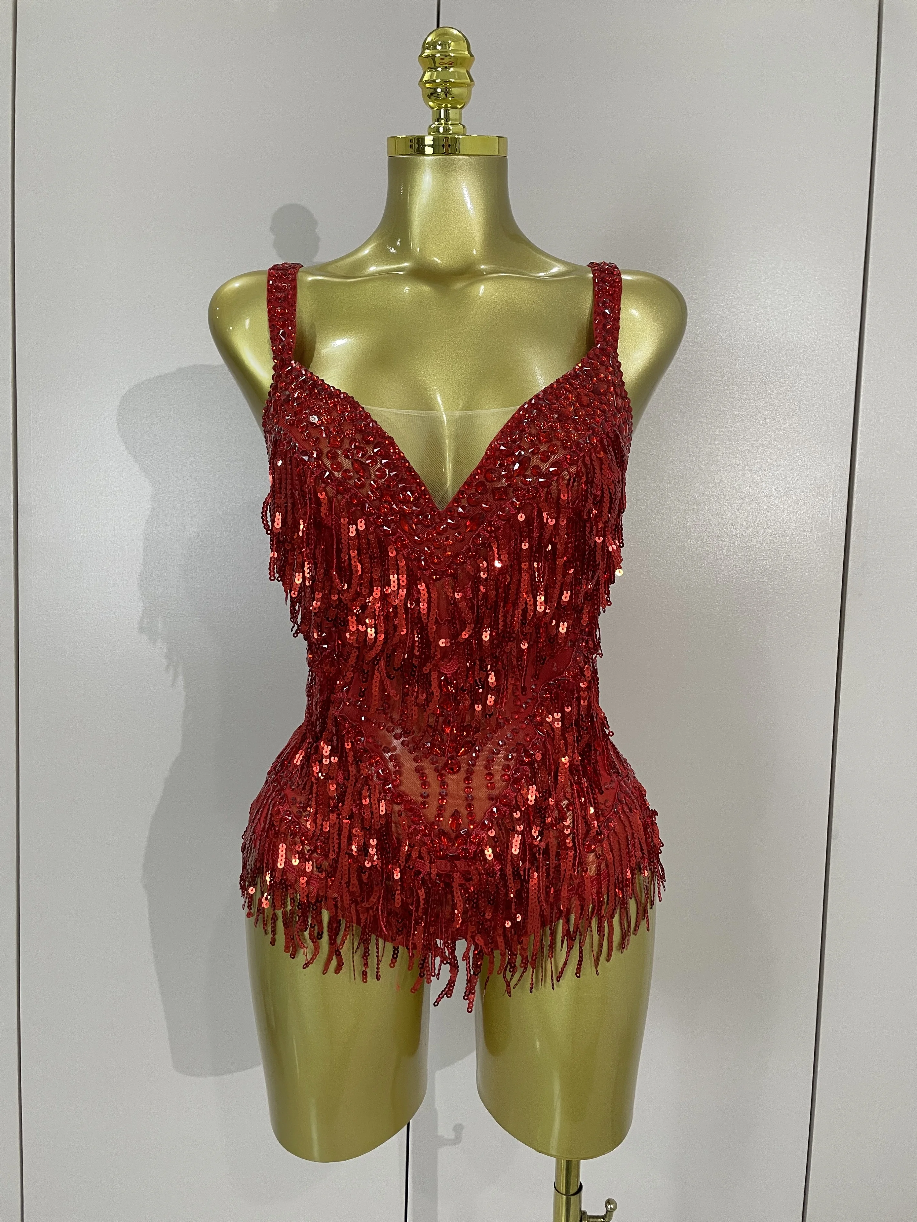 Sexy Luxury Sparkly Rhinestones Sequins Tassel Mesh Bodysuits Women Celebrate Birthday Party Nightclub Bar Dencer Stage Costume
