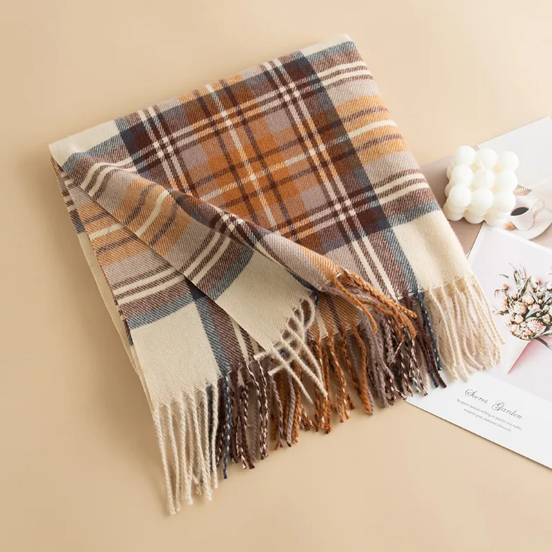 New Winter and Autumn High-end Fashionable Trend Simple Shawl Plaid Scarf Plush Imitation Cashmere Warmth and Warm Scarf