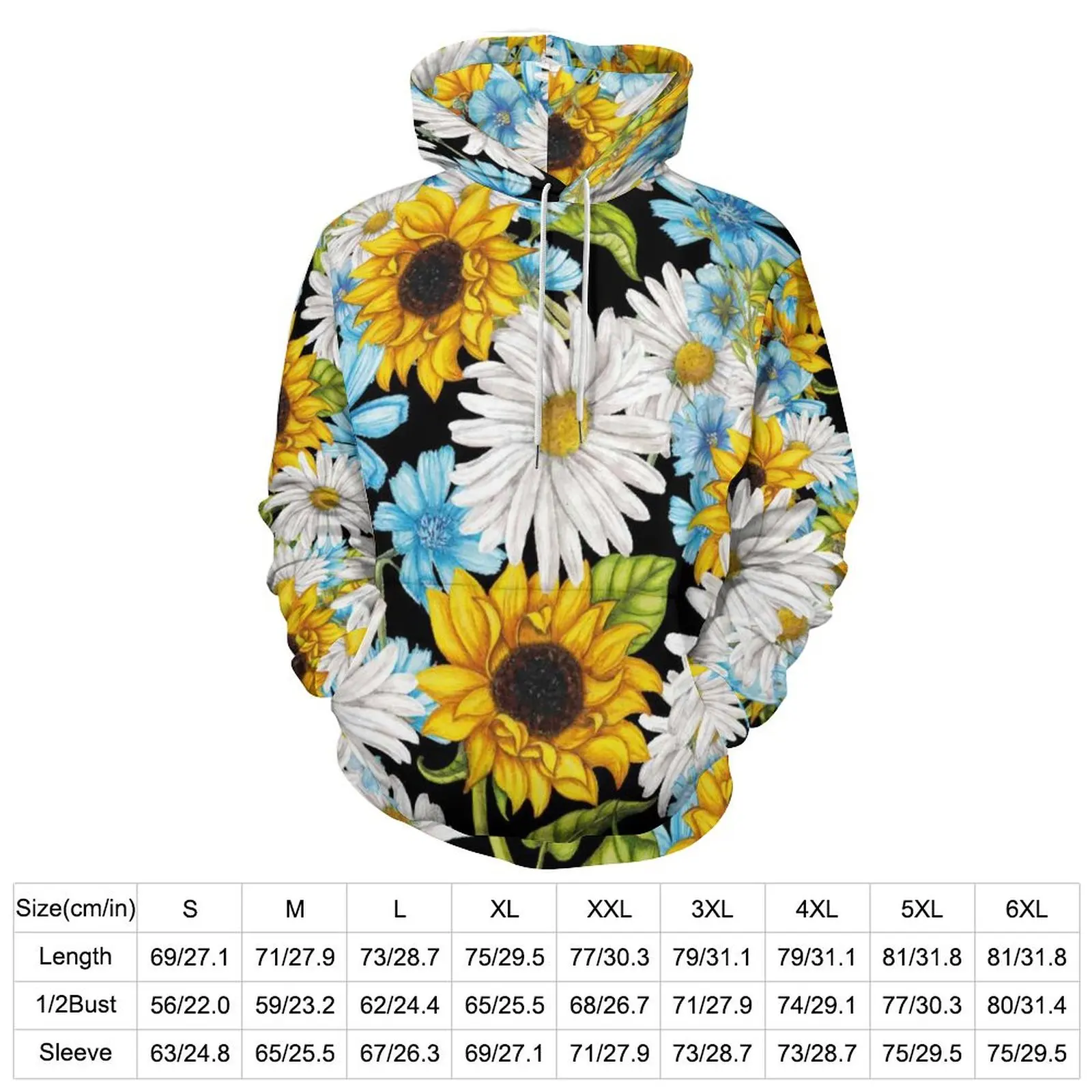 Yellow Sunflower Art Casual Hoodies Men Floral Print Cool Hooded Sweatshirts Winter Long Sleeve Street Wear Oversize Hoodie