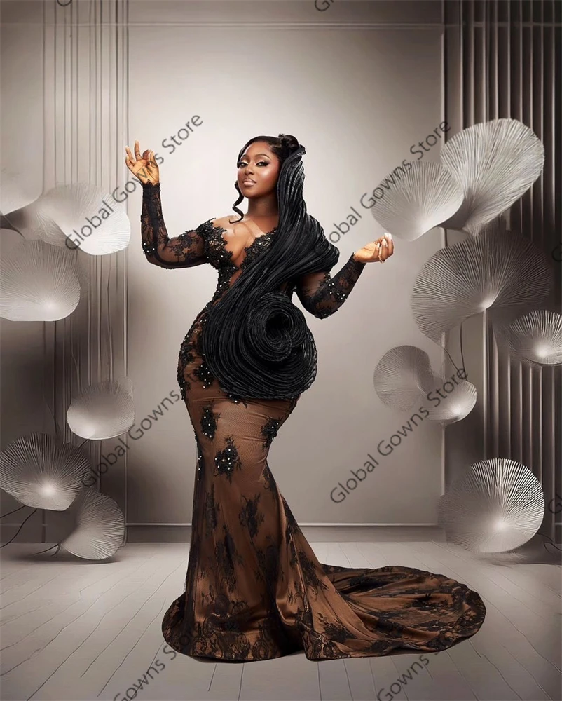 Aso Ebi Black Lace Evening Dresses Special Design O Neck Full Sleeve Formal Gowns Bead Appliques Mermaid Prom Dress Customized