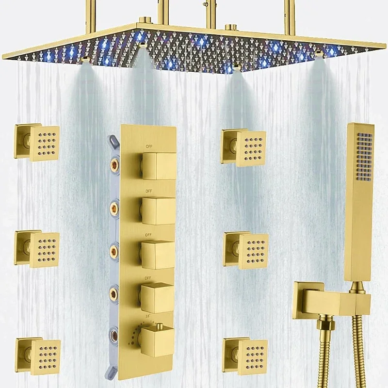 Gold Thermostatic Shower System LED 16 inch Rainfall Massage Shower System