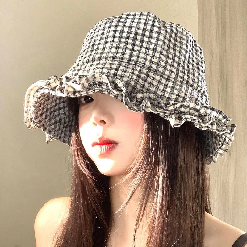 

Японские ретро-шляпы-ведра в клетку с кружевом для женщин, весенне-летние, для путешествий, солнцезащитные, универсальные, в литературном стиле