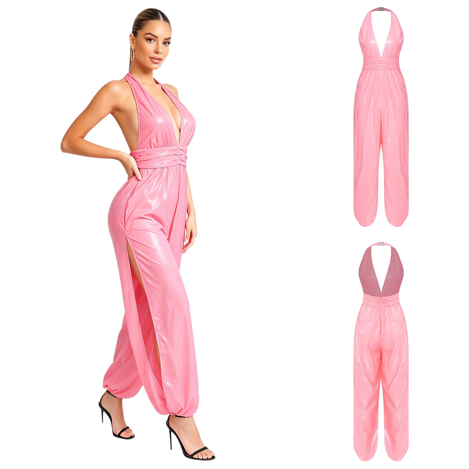 Women Sexy Deep V Glossy Waterproof Jumpsuit Halter Backless Split Legs Bodysuit Club Rave Party Carnival Pole Dance Rompers