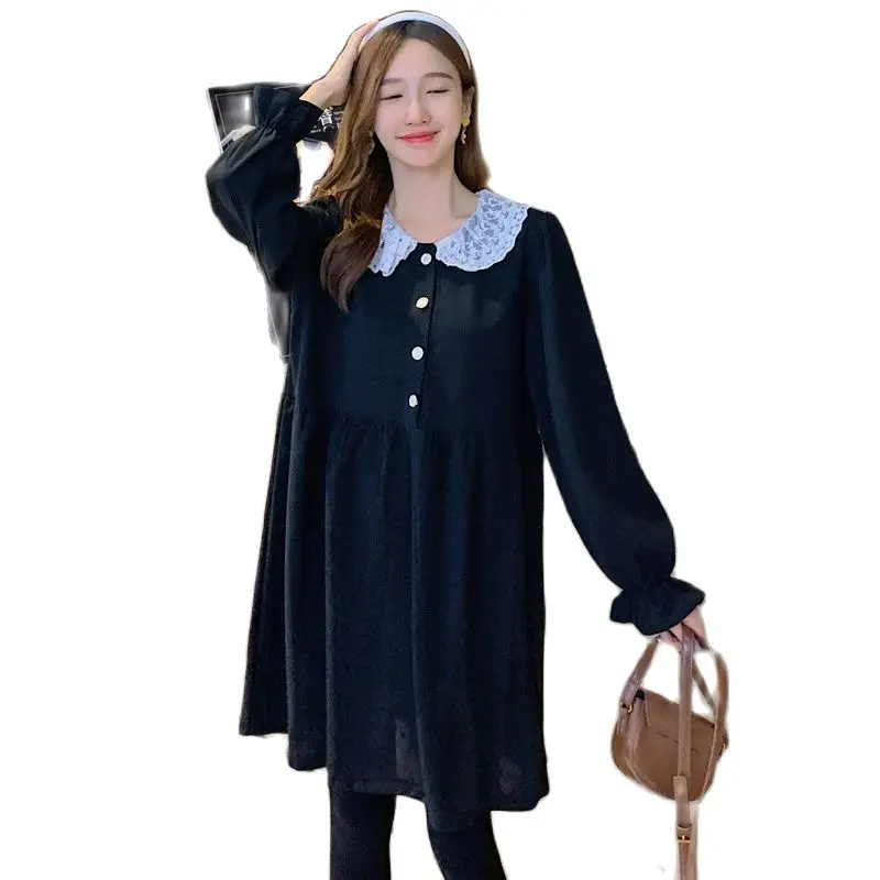 

2023 Spring Maternity Black Dress Long Sleeve Lace Peter Pan Collar Elegant Office Lady Dress Sweet Pregnant Woman A-Line Dress