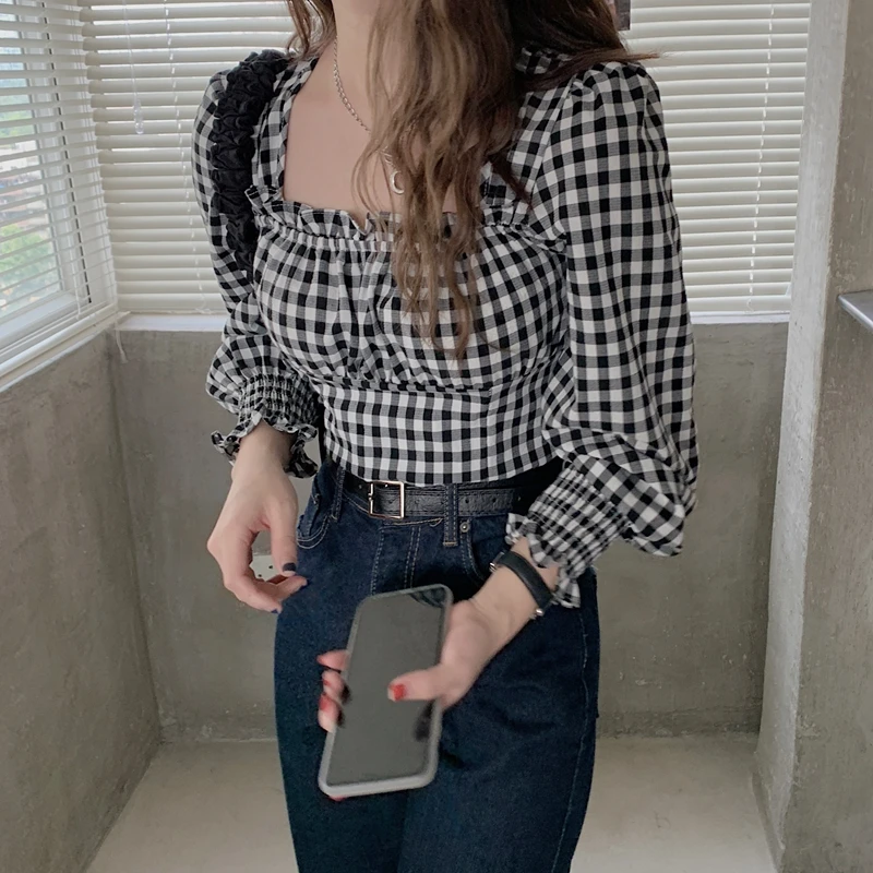 Long Sleeve Blouse Women Sexy Ladies Sweet Square Collar Plaid New Design Korean Fashion Slim Casual Edible Tree Fungus Hot Sale