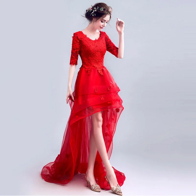 Het is YiiYa Aangepaste Avondjurk Rode Applicaties O-hals Halve Mouwen Lace up Hoog Laag Plus size Vrouw Party Formele Gown E202