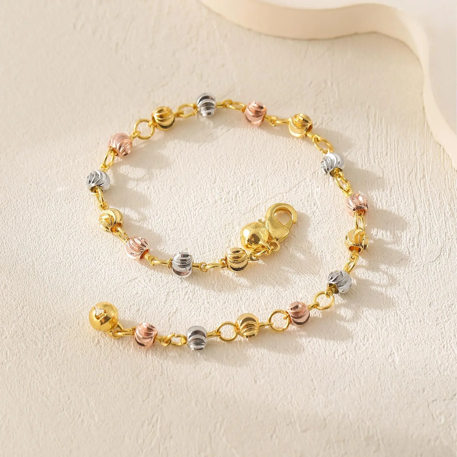 Tri-color Beaded Bracelet for Womene 18K Three-tone Gold Plated Bead Bracelet Durable Daily Wear