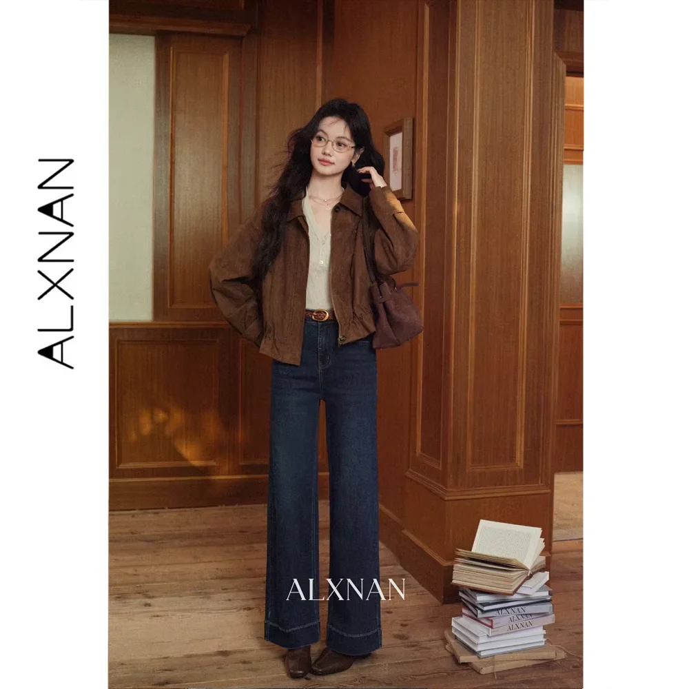 ALXNAN Women's Dark Blue High Waist Straight Wide Leg Jeans Vintage Draped Versatile Commuter Autumn 2026 L68597