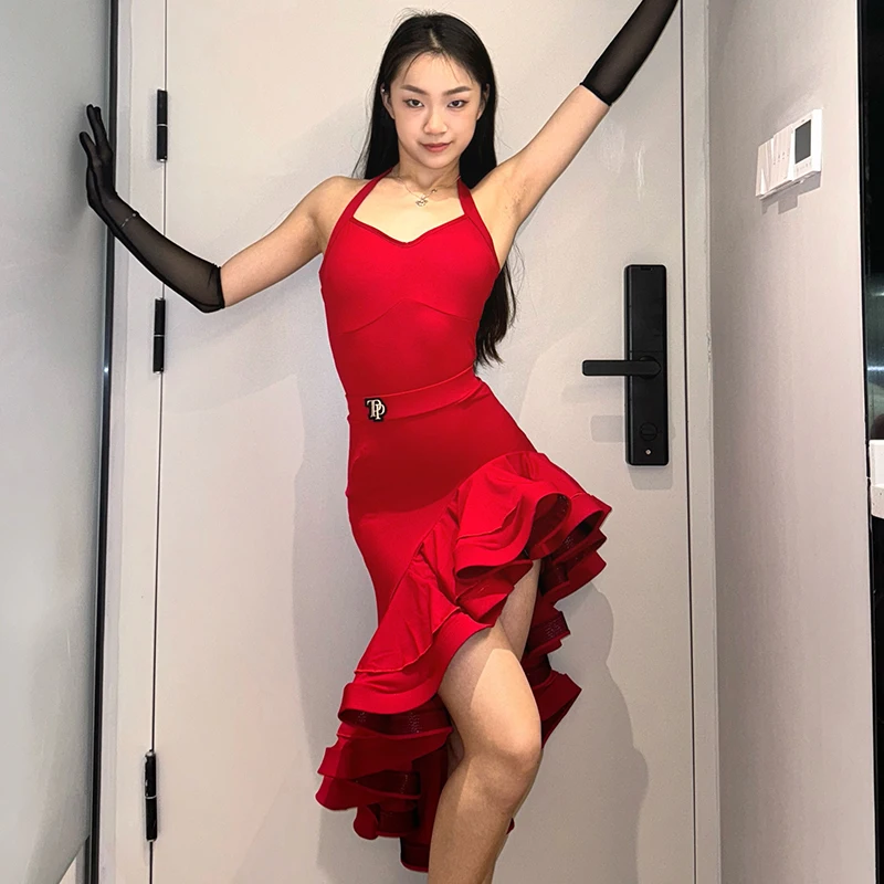 Red Latin Dance Dress Women Rumba Performance Costume Summer Cha Cha Tango Dance Clothes Adult Latin Competition Dress DNV20402