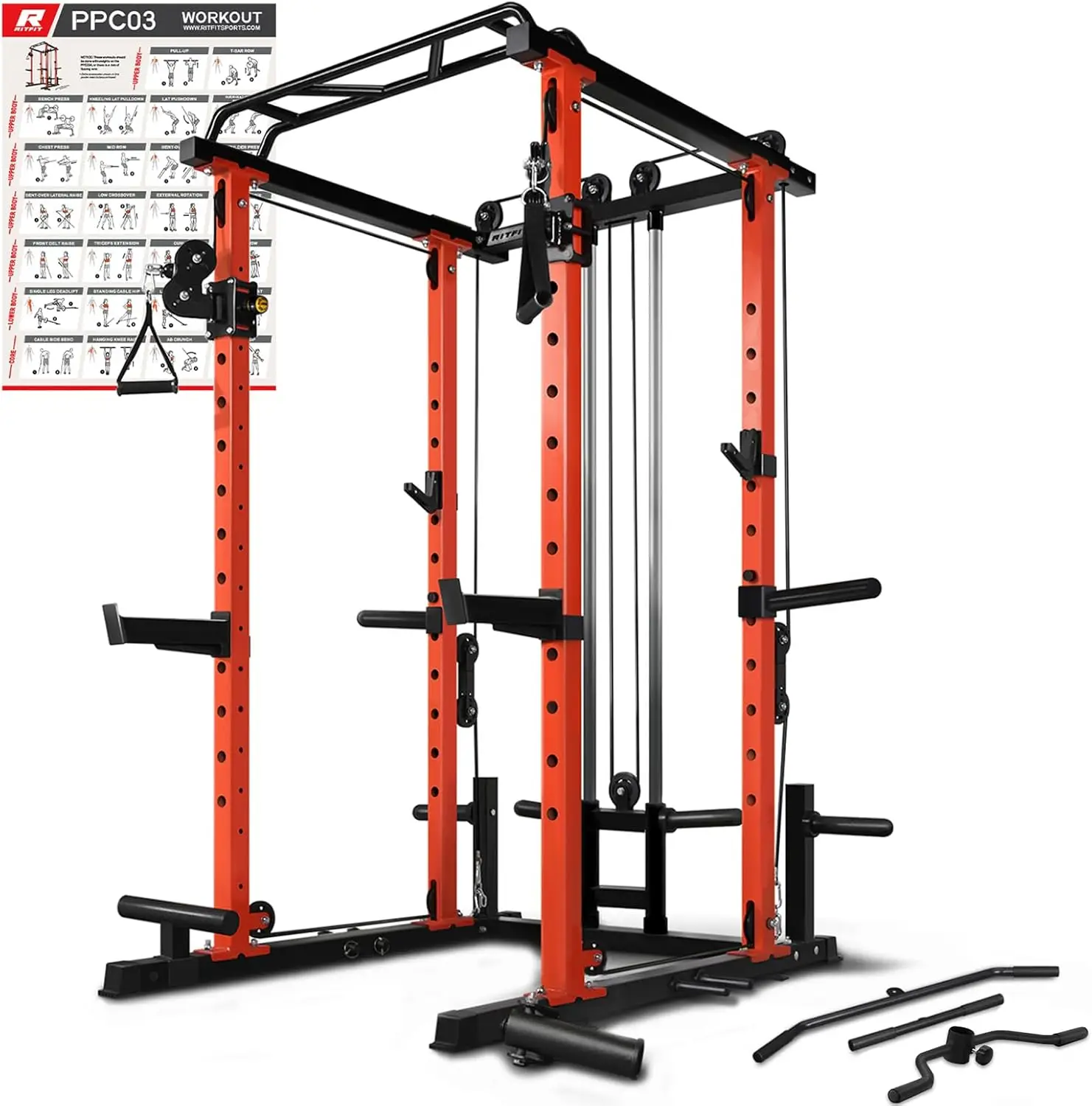 Multi-Function Squat Rack Power Cage PPC03 with Cable Crossover System, 1000LBS Capacity Power Rack and Packages with Optional W