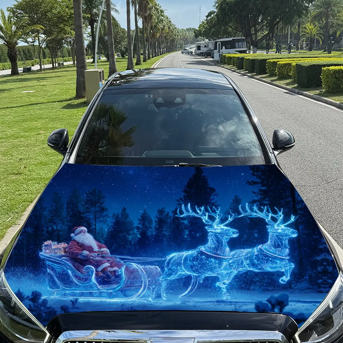 

Виниловая пленка для автомобиля Санта-Клауса и синего оленя, водонепроницаемая наклейка на капот автомобиля из ПВХ, самоклеящиеся устойчивые к царапинам наклейки для