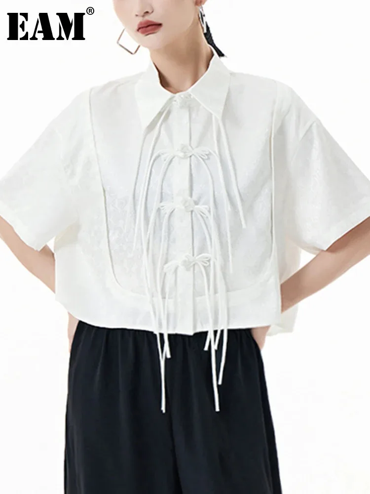 [EAM] Women White Tassele Big Size Jacquard Short Blouse New Lapel Short Sleeve Shirt Fashion Tide Spring Summer 2024 1DH5395