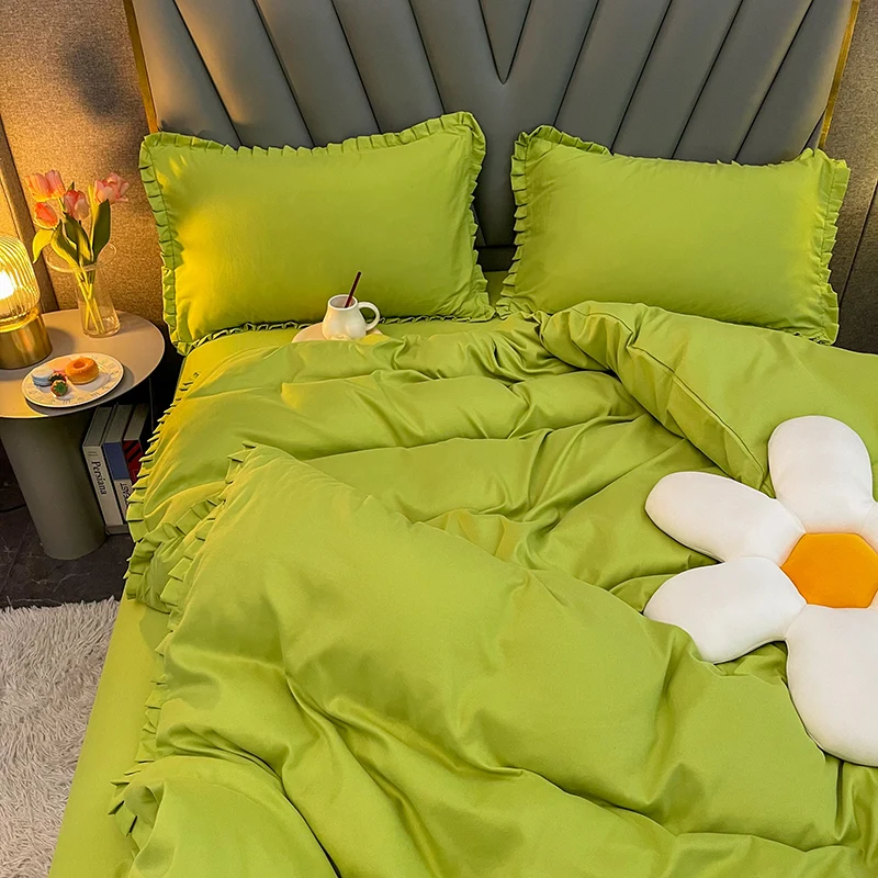 

Комплект постельного белья цвета авокадо с кружевным узором, простой стиль, для студенческого общежития, комплект из трех предметов, аксессуары для кровати, комплект из четырех предметов