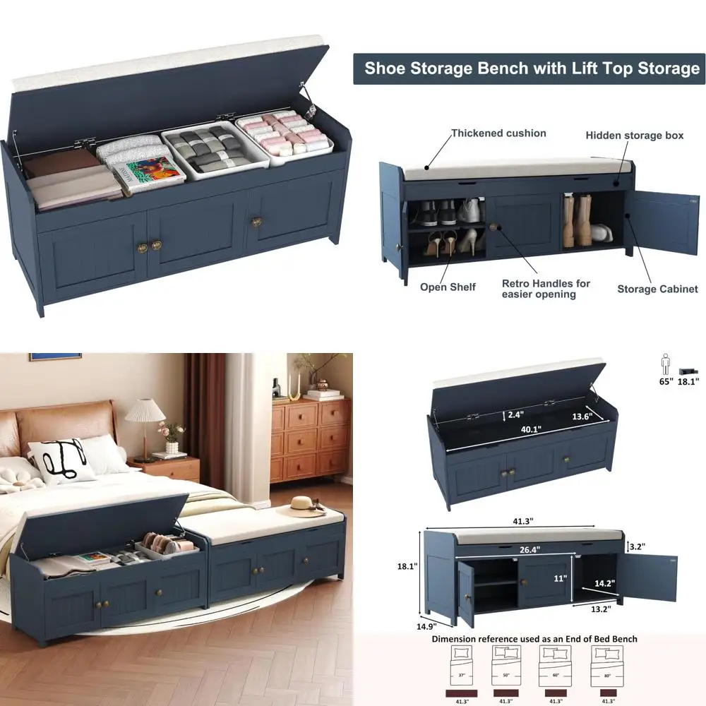 

Lift Top Shoe Storage Bench, Cushioned Entryway Seat, Wooden Bed End Storage Cabinet