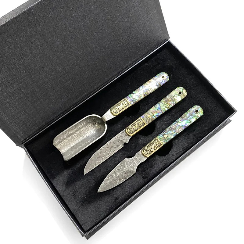 Damascus Steel Tea Knife Fruit Knife Tea Scoop Set Abalone Shell Handle Chinese Tea Ceremony Accessories Gift Box Leather Sheath