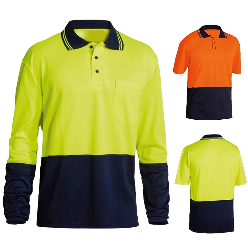 Long Sleeve Polo Workwear Shirt Tops Tee Breathable Cool Dry Safety Two Tone Workshop Clothes Uniforms