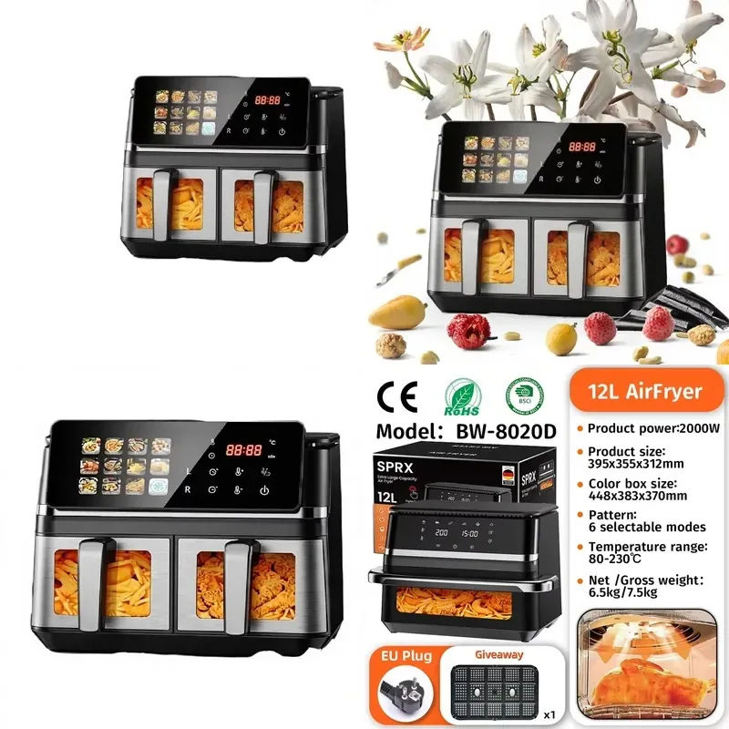12L Electric Air Fryer Double Basket Stainless Steel Touch Screen Household Kitchen Appliance High Quality