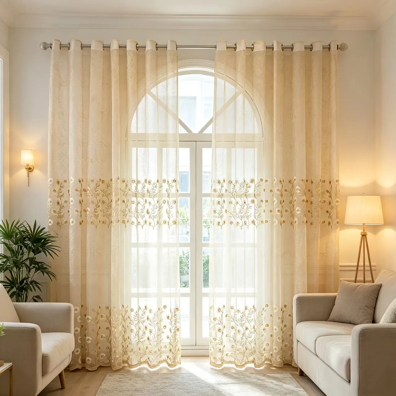 pc European Vintage Floral Embroidered Transparent Curtain, Ring Suspension, Living Room, Bedroom, Balcony, Floor-To-Ceiling Win