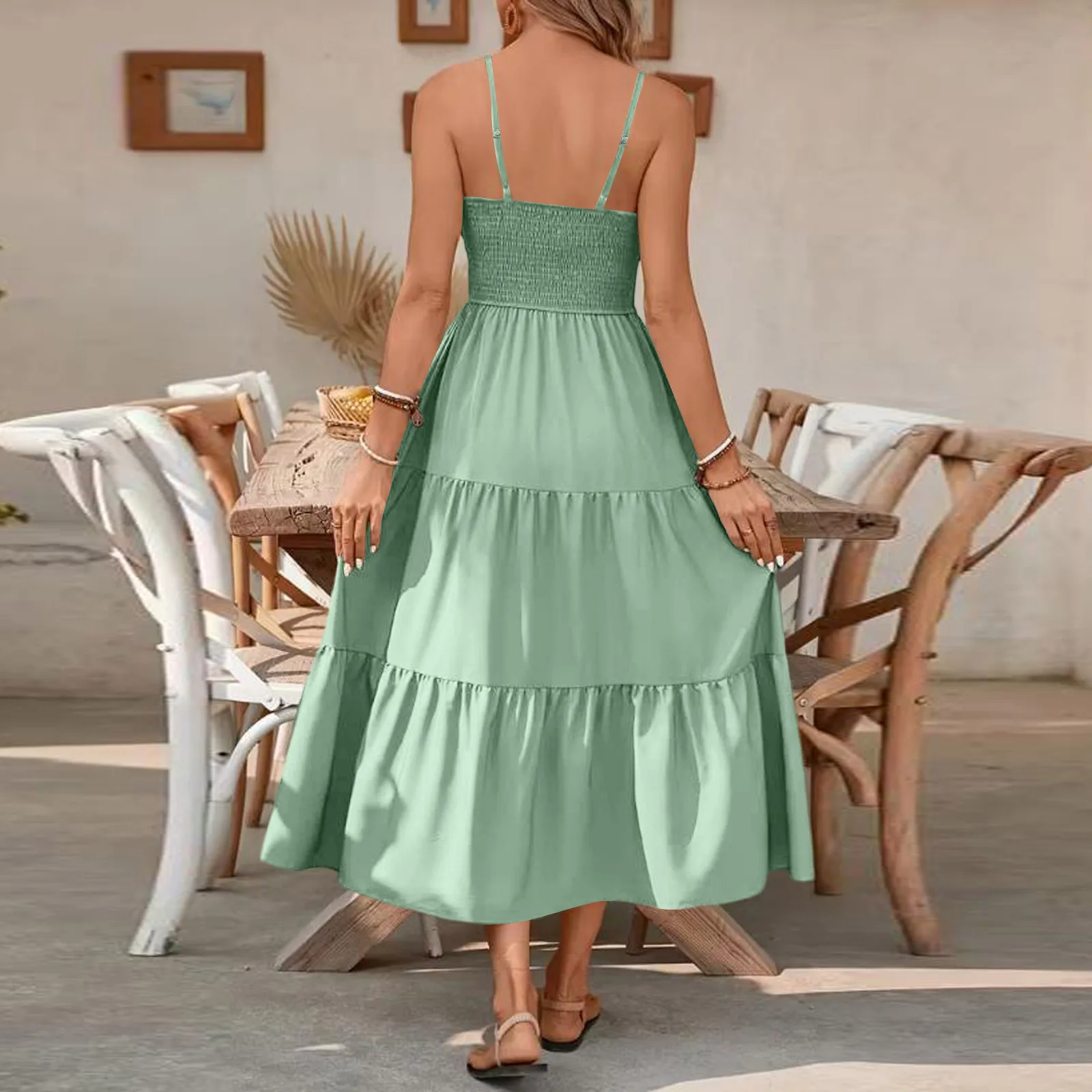 Vestido feminino em camadas com babados e alça espaguete, slim fit, cintura definida, vestidos longos, casual, sem mangas, cor sólida