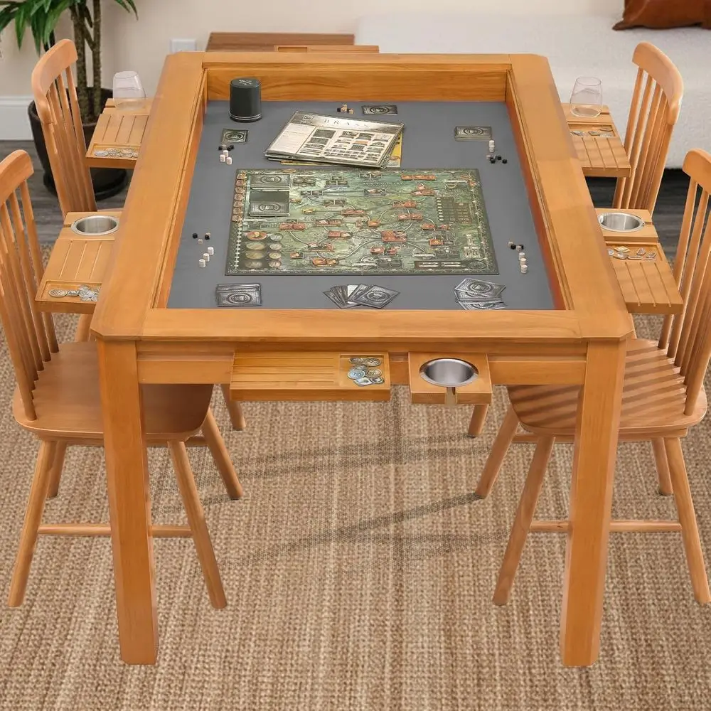 

Eco-Friendly Wooden Board Game Table for 4-6 Players with Large Play Area, Removable Surface, Neoprene Mat, Storage Rack, and Cu