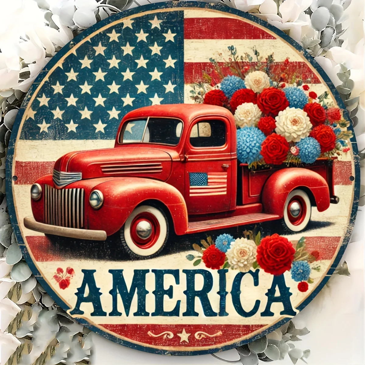 Vintage Patriotisches 'AMERICA' Rundes Blechschild - Retro Roter Truck & Blumenmuster USA-Flagge Wanddekoration für Zuhause Landhaus Patriotisches Geschenk