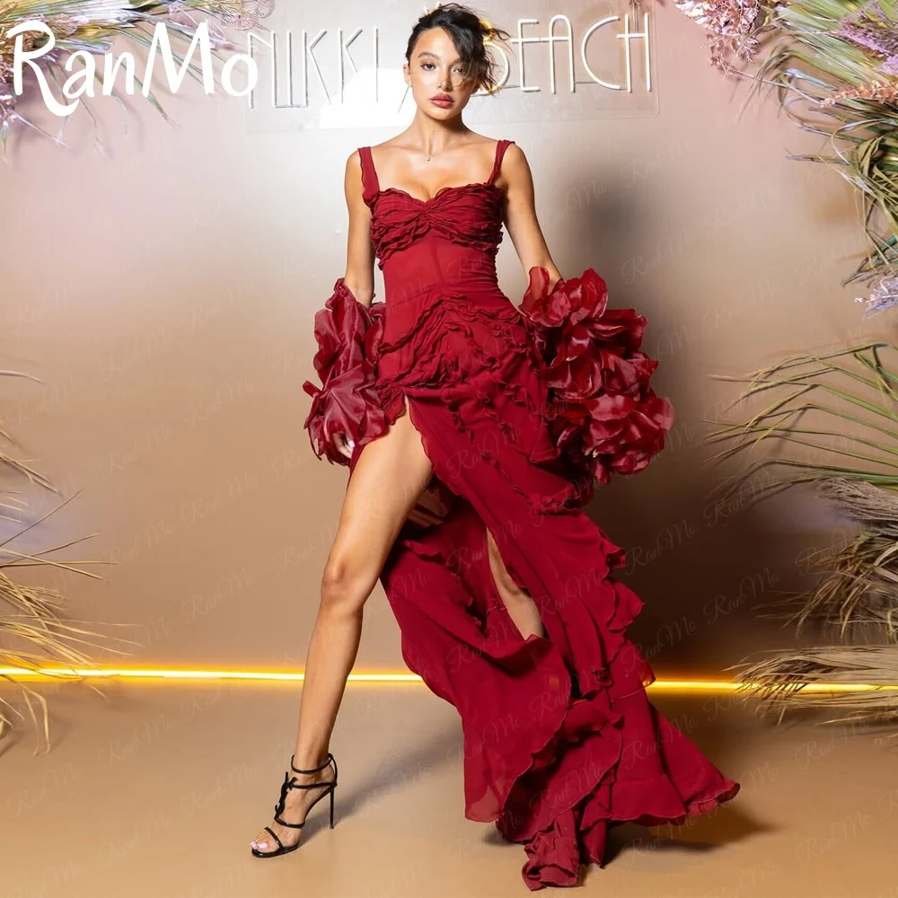 

Ranmo 2025 Customized Modern A Line Burgundy Wedding Party Dress Pleat Side Slit Spaghetti Strap Evening Gown Vestido De Novia