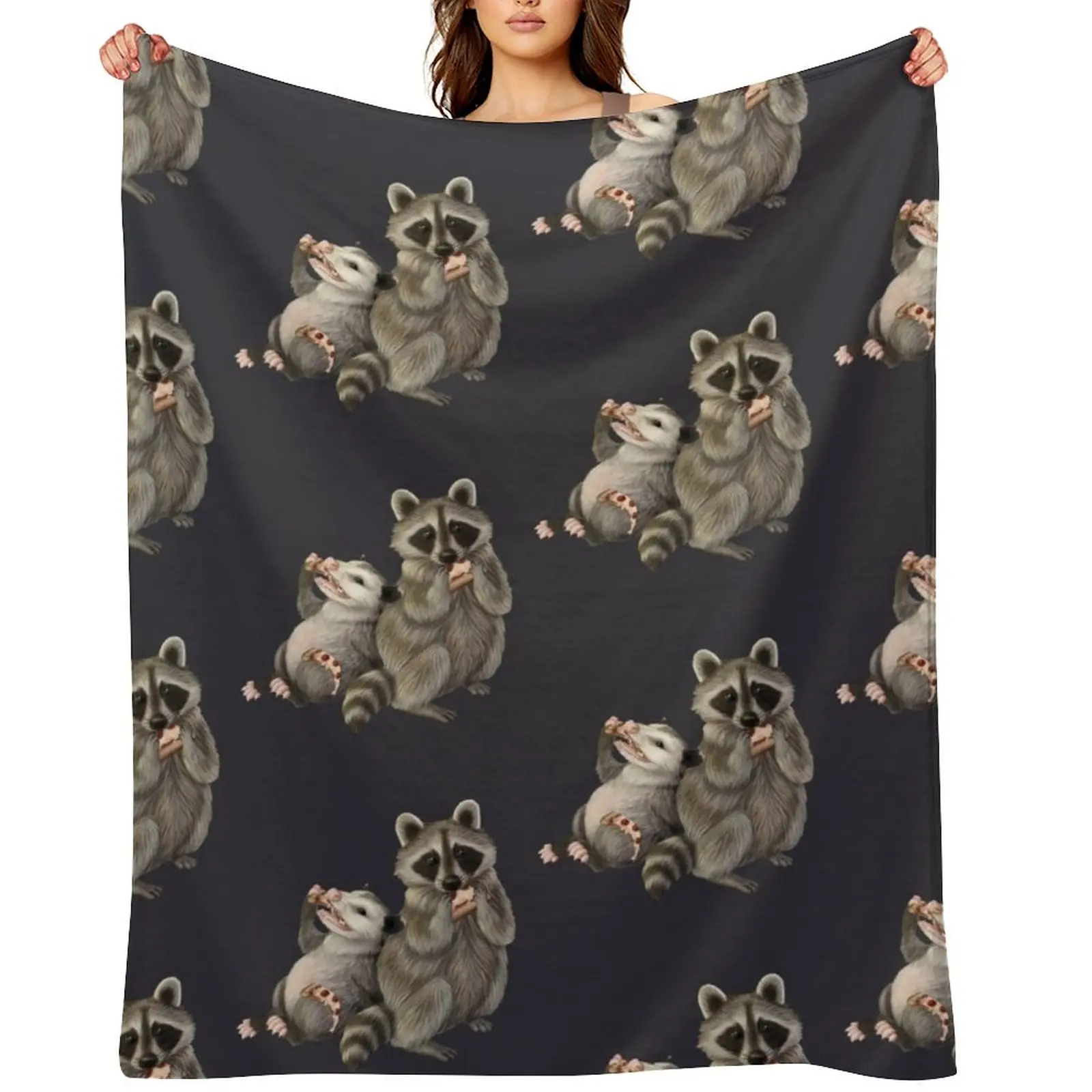

Possum and raccoon with pizza Throw Blanket Custom Designers Luxury Throw Bed covers Blankets