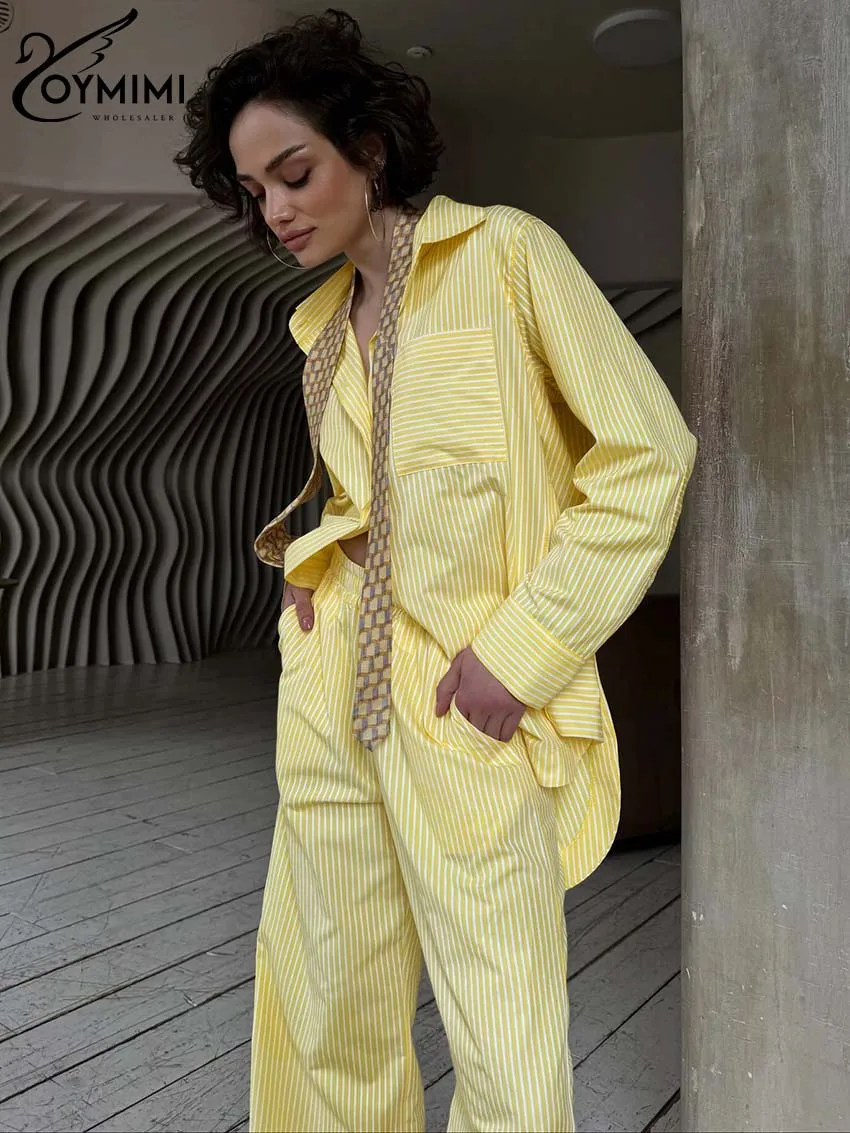 Oymimi Casual Yellow Cotton 2 Piece Sets Women Outfit Fashion Lapel Long Sleeve Button Shirts + High Waist Straight Trousers Set