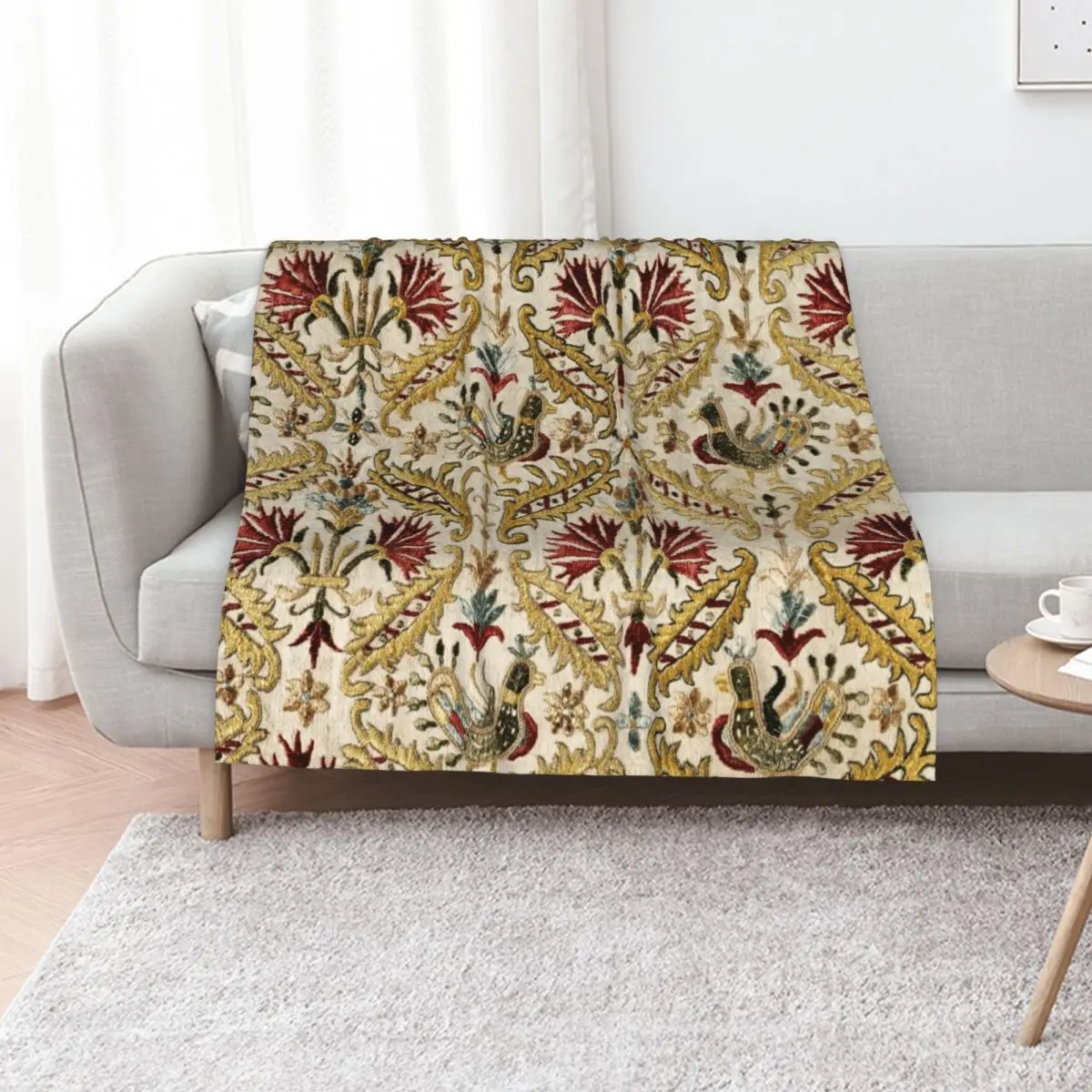 Golden Vintage Bohemian Suzani Throw Blanket Reusable Durable Soft Blanket for All Seasons
