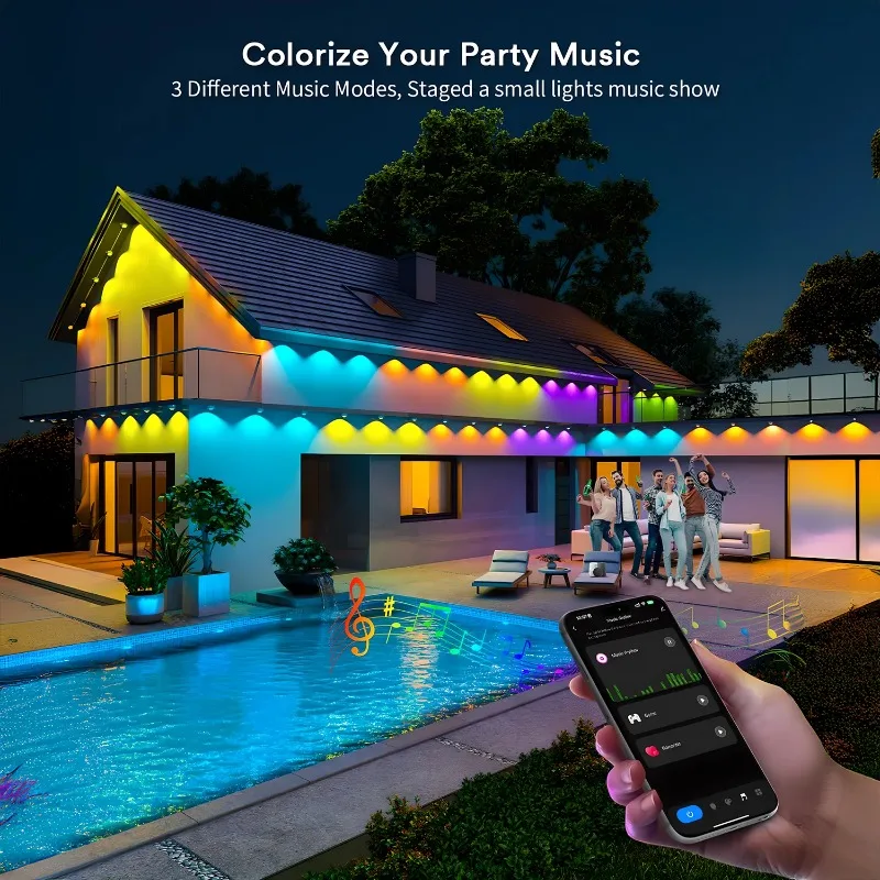 150FT 90LED Smart RGBIC Permanent Outdoor Eaves String Lights APP Control Custom DIY Scene Modes LED Lamp for Roof Garden Christmas Party Holiday Exterior Home Decor Lighting