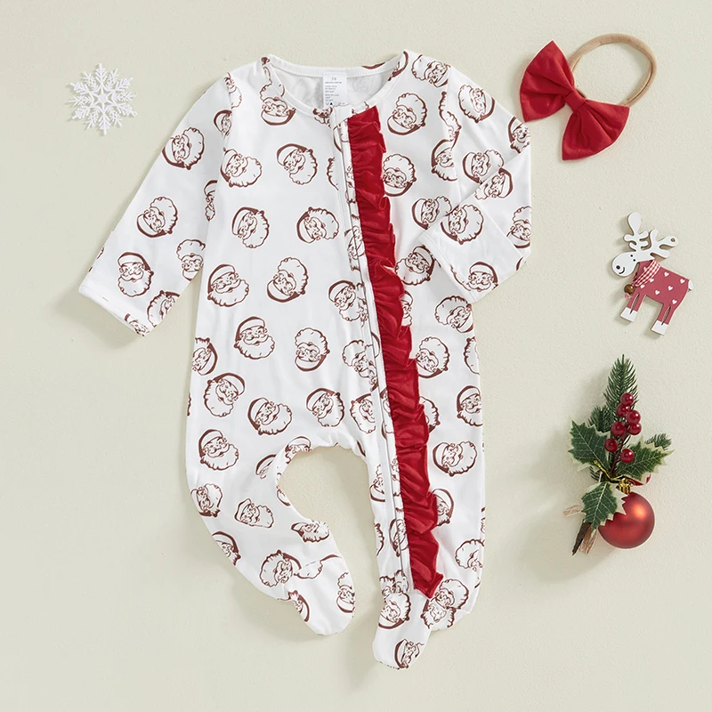 女の子用長袖ロンパース,ジッパー付きジャンプスーツ,かわいいヘッドバンド,クリスマス服