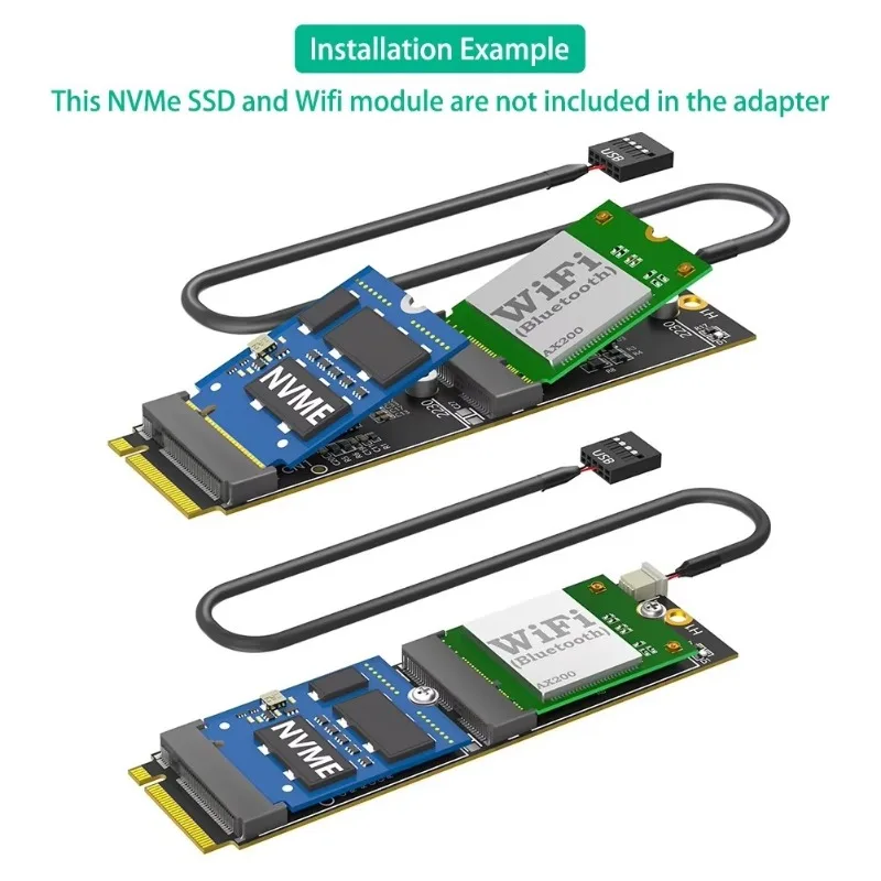 M.2 (Key-M) NVMe To Dual M.2 Adapter Card PCIe Bus Compatible Adds WiFi/Bluetooth & Extra NVMe Slot To M.2 NVMe Port