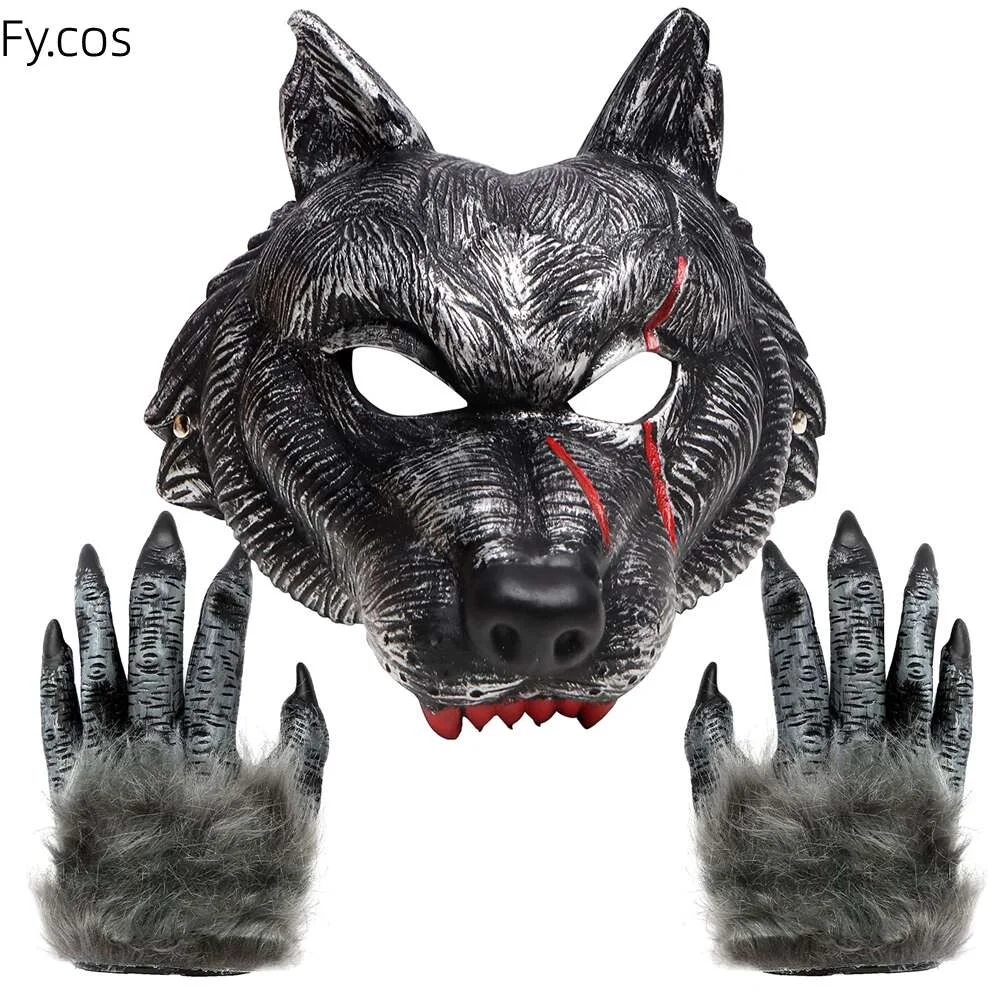 Maschera e guanti lupo Halloween Masquerade Cosplay Terian Animal Head Hood Claws for Adult Raptor Costume Horror travestimento uomo