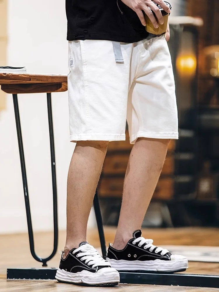 

Summer Trendy White Jeans orts Men's Straight Leg Five-Quarter Casual Emblem Decorated Thin Faion Urban Sle Breathable