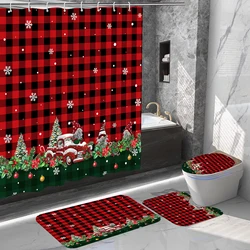 Christmas plaid print shower curtain, modern waterproof décor, soft fabric, non-slip bathroom mat, 12 plastic hooks