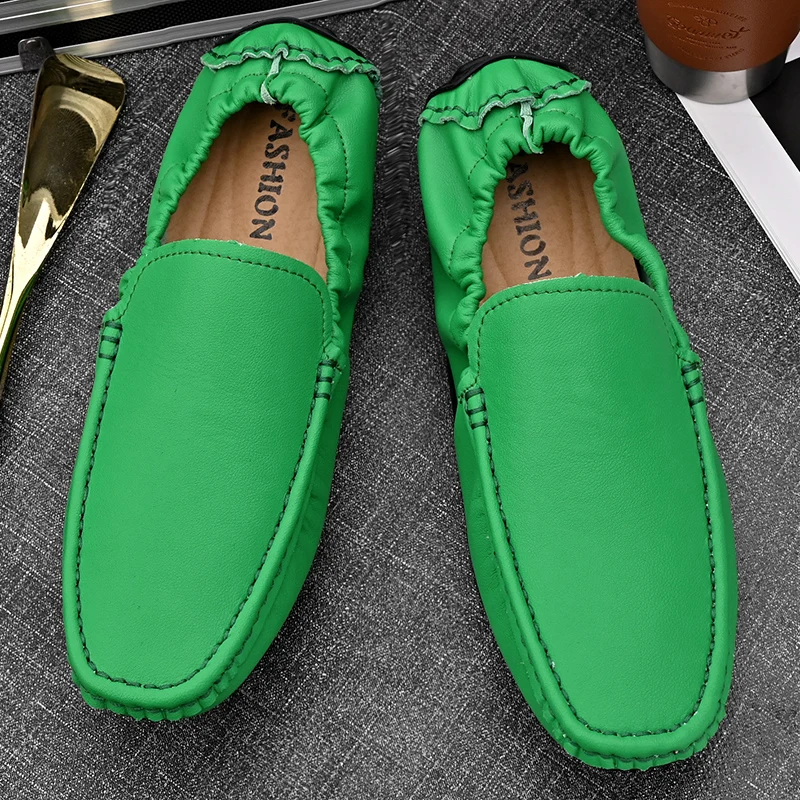 Genuine Leather Men Loafers Shoes High Quality Moccasins Driving Shoes Green Orange Office Shoes Casual Loafers Big Size 48 47