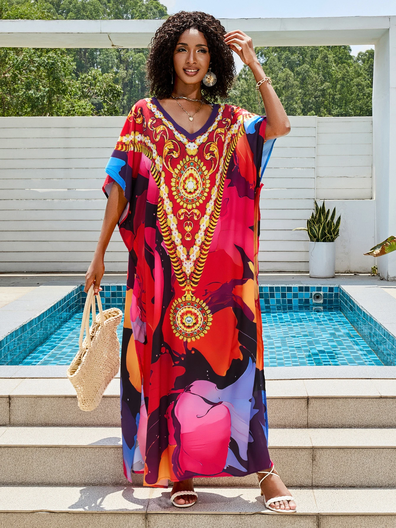 

Summer Women Loose Fit Rayon Print Kaftan Robe Beach Pool Bikini Cover Up Maxi Dress