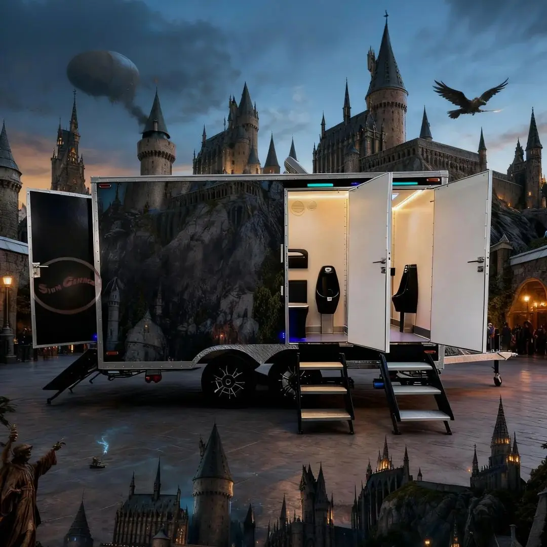 

Outdoor Mobile Toilet with Separate Men Women Sections Toilets Urinals Privacy Entrances Exits Blue Ambient Night Lights