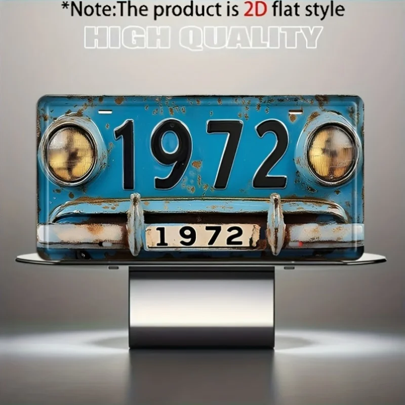 2D Flat - 1pc Vintage Light Blue Car Front 1972 Number Metal License Plate Decorative Plaque | 2D Flat Style, Aluminum, Ideal Fo