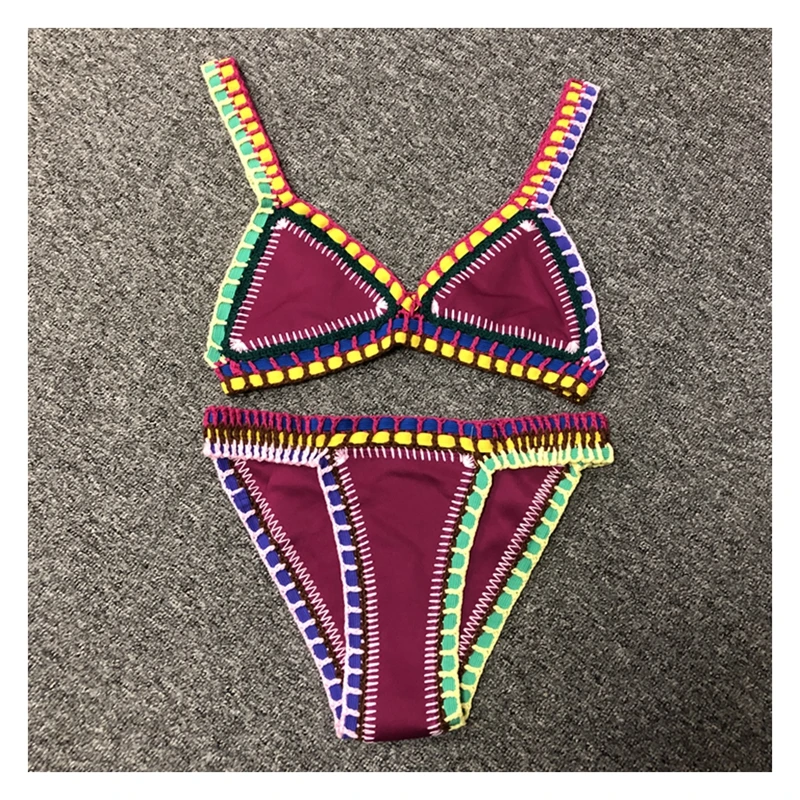 Female Blue Swimwear Black Crochet Elastic Bikini Set Sexy Women Handmade Crochet Purplish Red Patchwork Swimsuit Knit Biquini