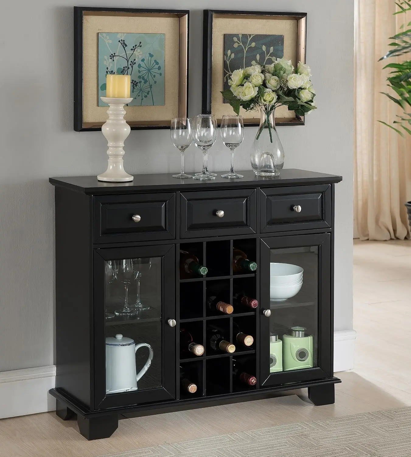 Sideboard Buffet Cabinet with Drawers & 12-Bottle Wine Rack, Black, Customized