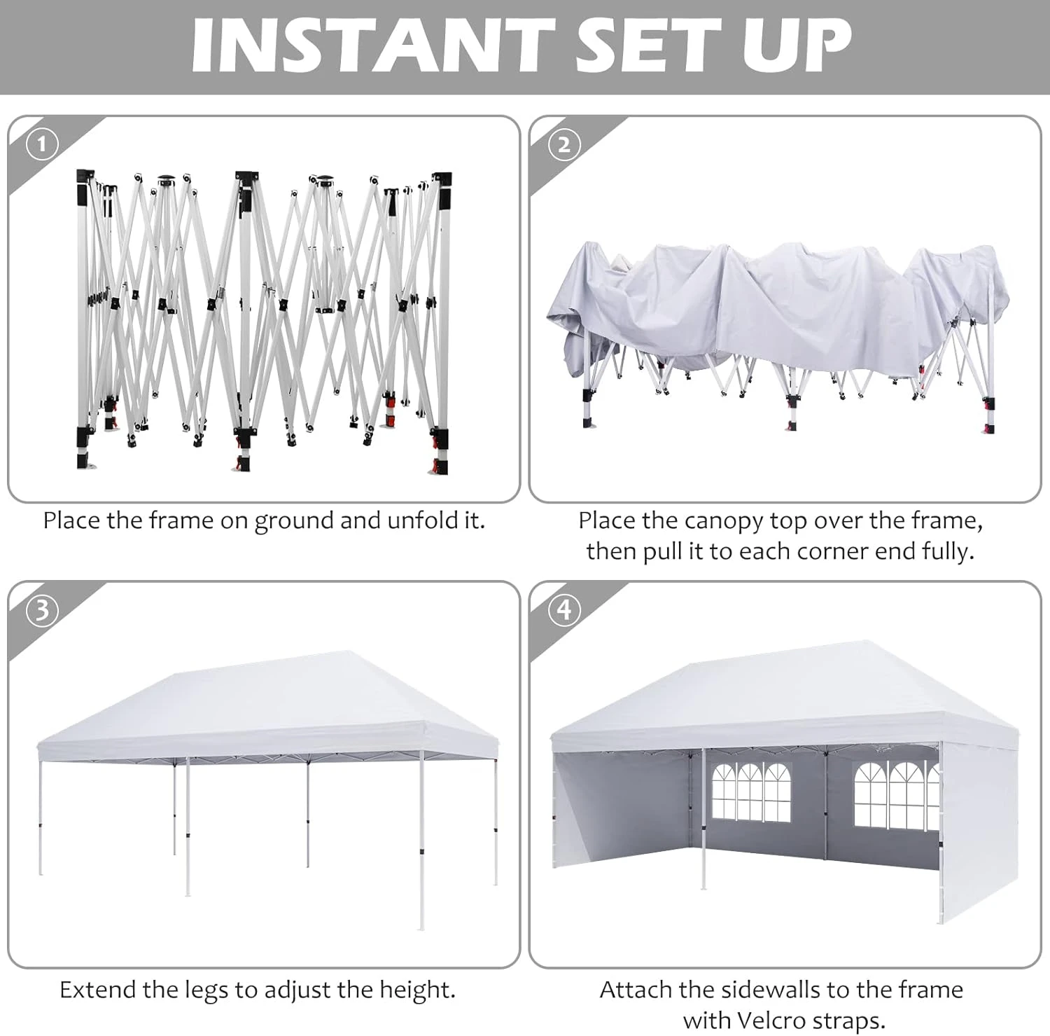 10'X20' Pop Up Canopy Gazebo เต็นท์เชิงพาณิชย์ 4 ผนังด้านข้างที่ถอดออกได้,Stakes X12,เชือก X6 สําหรับ Patio Outdoor Party Events