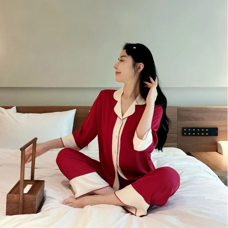 26 Spring Summer Luxury New Ice Silk Pajamas Women Girl 2piece Set High End Soft Mid Sleeve Pants Sleepwear Loungewear Outfit