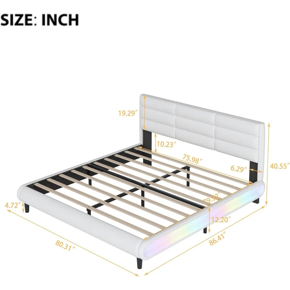 King Upholstered Platform Bed with LED Light Strips，Bed Frame with Headboard & Slat Support，No Box Spring Needed，Bed Frame