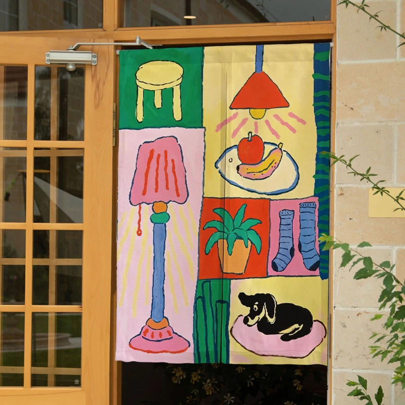 VIKAMA Illustrated Cat & Home Linen Door Curtain, 6 Assorted Designs, Noren Doorway Tapestry Home Decor