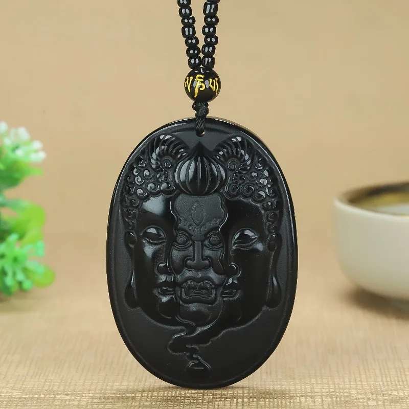 

Natural Obsidian Devil Face Pendant Necklace - Hand Engraved Fine Design with Glossy Surface